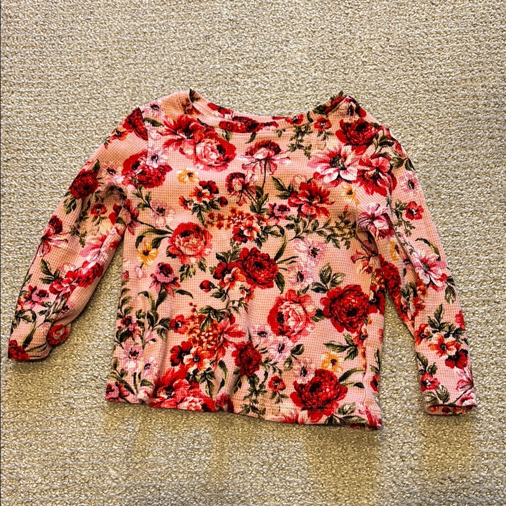 Old Navy Pink and Red Long Sleeve Waffle Floral Tee